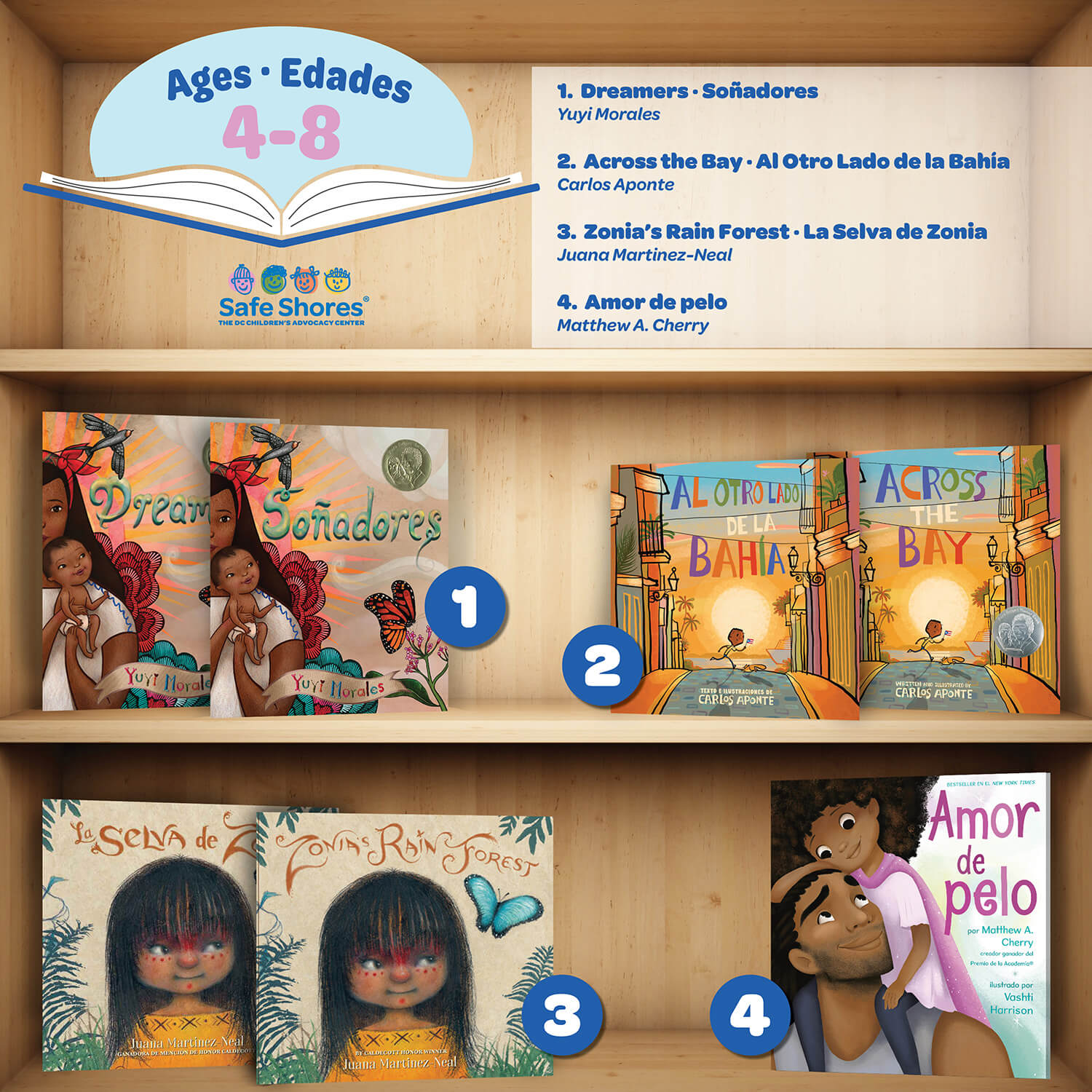 Latino Books Month for ages 4-8. Books are: 1. Dreamers | Soñadores -Yuyi Morales 2. Across the Bay | Al Otro Lado de la Bahía - Carlos Aponte 3. Sonia’s Rain Forest | La Selva de Zonia - Juana Martinez-Neal 4. Amor de pelo – Matthew A. Cherry 