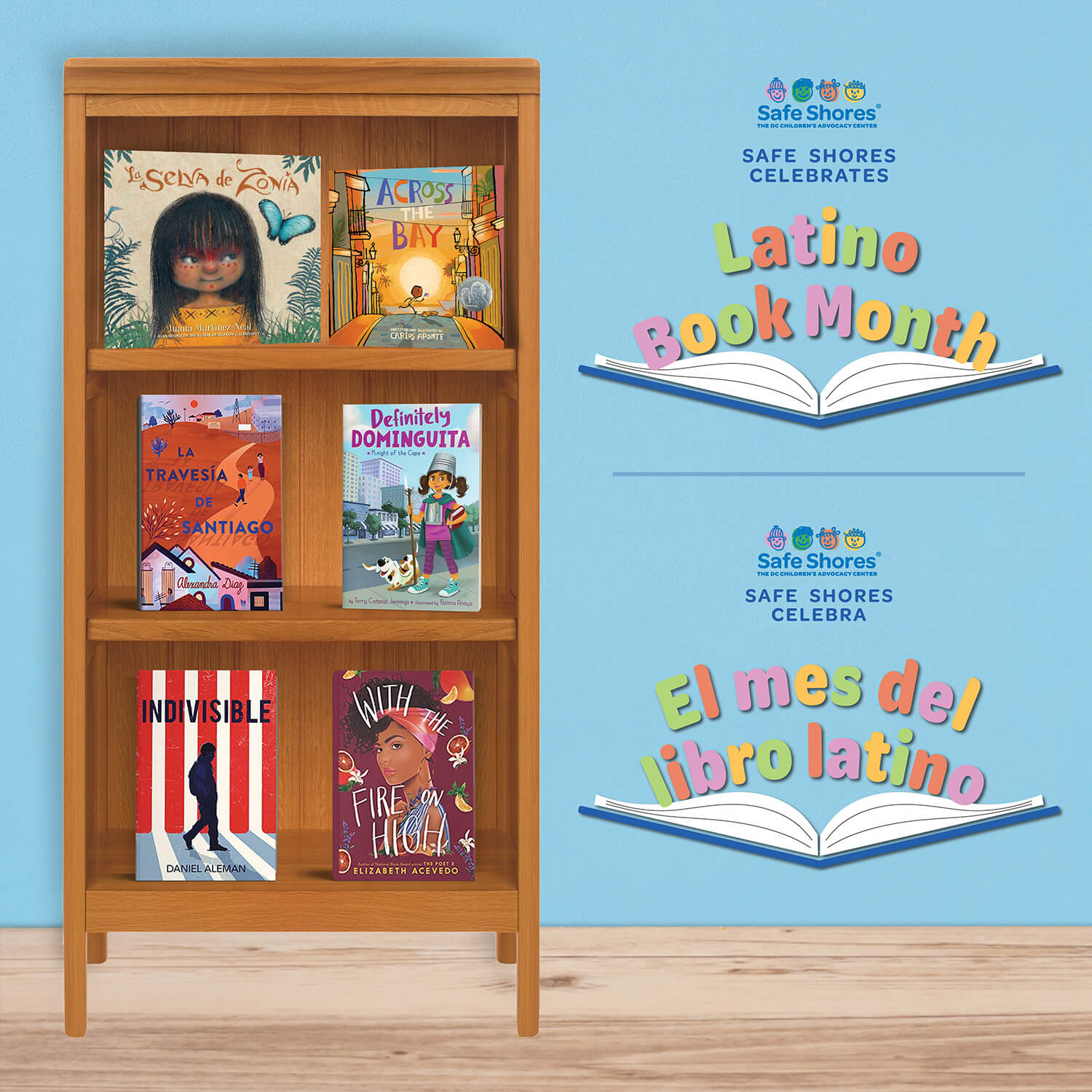 Image Reads: Safe Shores Celebrates Latino Book Month" And has numerous books on a shelf. 