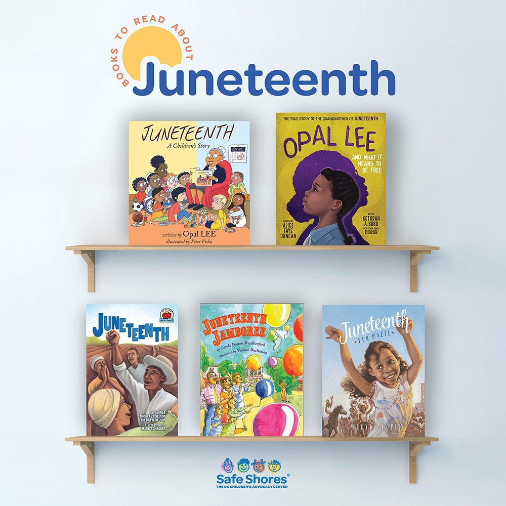 Two shelves full of children's picture books about Juneteenth