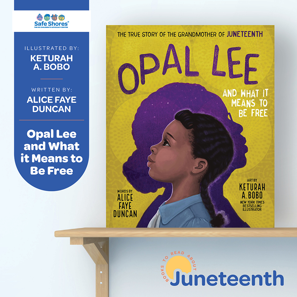 A beautifully illustrated yellow and purple children's book on a shelf. The book features a young Opal Lee looking skywards, with a silhouette of an older Opal Lee looking skyward, but in the opposite direction. The title is Opal Lee and What It Means to Be Free: The True Story of the Grandmother of Juneteenth.