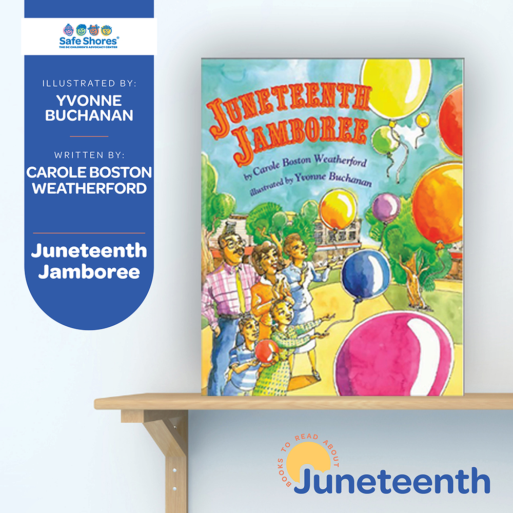 A children's book on a shelf, featuring an illustration of a Black family in a town square and park looking up at Juneteenth balloons, floating into the sky.