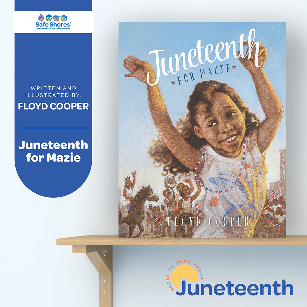 A children's book with an illustration of Mazie, a young Black girl who is raising her hands in dance at a Juneteenth celebration. She's wearing a butterfly shirt and a bright smile. 