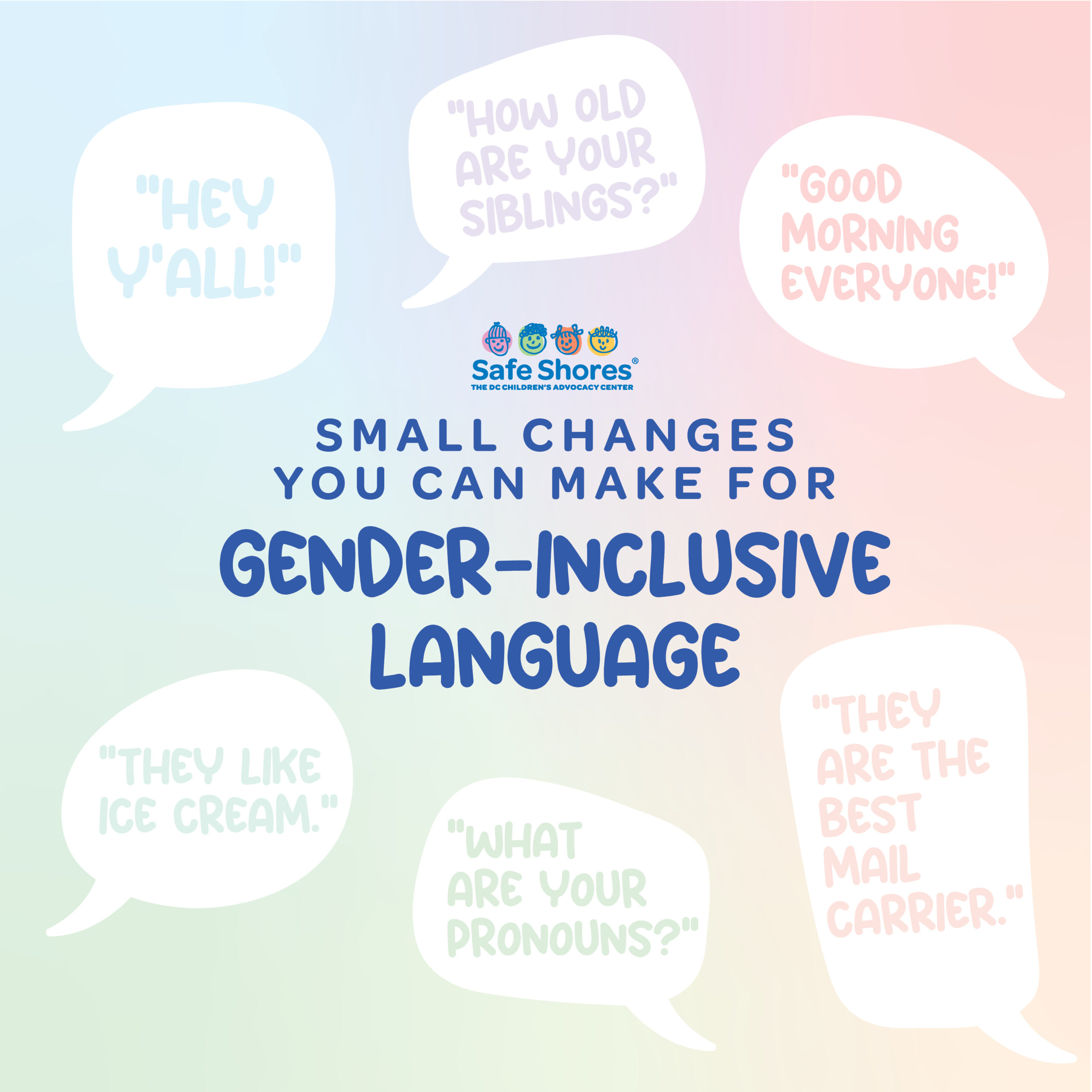 A pastel rainbow image that says "Small changes you can make for gender-inclusive language" with white speech bubbles surrounding. The speech bubbles say: "Hey y'all!" "How old are your siblings? "Good morning everyone!" "They like ice cream." "What are your pronouns?" and "They are the best mail carrier."