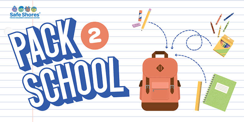 An image that reads "Pack2School." An illustration with blue arrows show school supplies like pencils, erasers, crayons, glue sticks, rulers and notebooks are going into an orange backpack with buckles. 