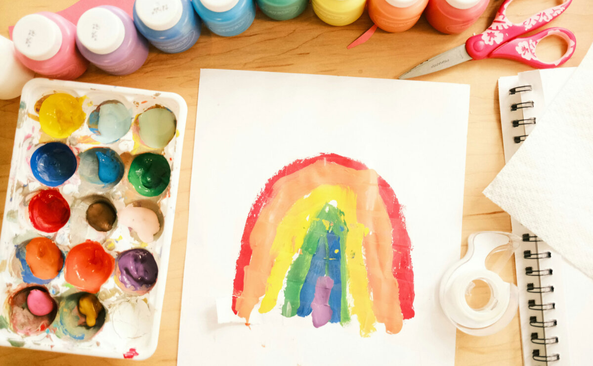 A child's painting of a rainbow, with a palette