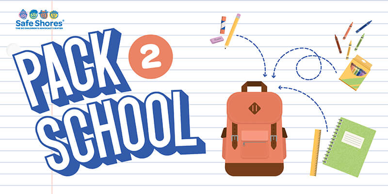 An image that reads "Pack2School." An illustration with blue arrows show school supplies like pencils, erasers, crayons, glue sticks, rulers and notebooks are going into an orange backpack with buckles.